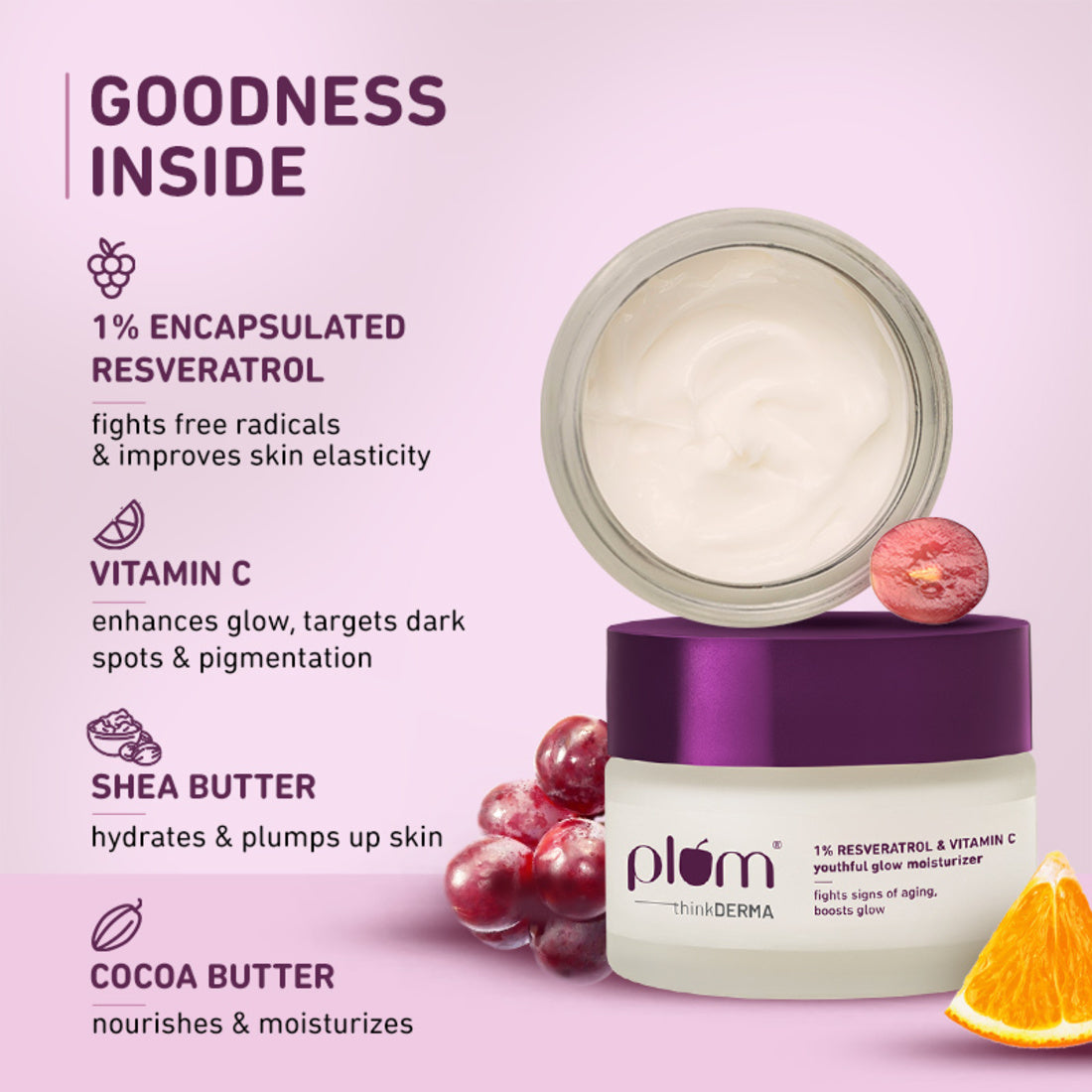 Plum 1% Resveratrol & Vitamin C Youthful Glow Moisturizer | Boosts Youthful Glow | Fades Dark Spots, 50g