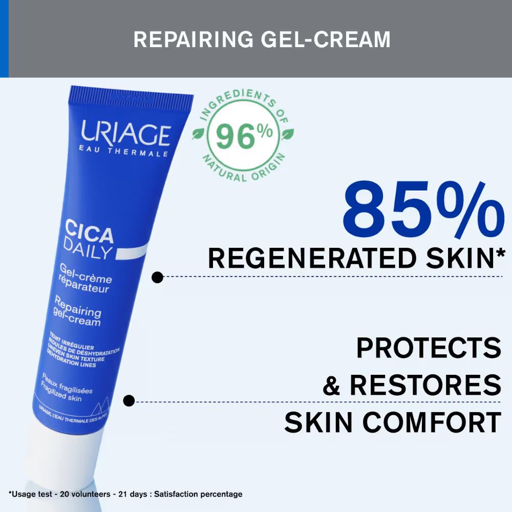 Uriage Cica-Daily Repairing Gel Face Cream Rejuvenates Skin Centella Asiatica Hyaluronic Acid Cu-Zn, 40ml