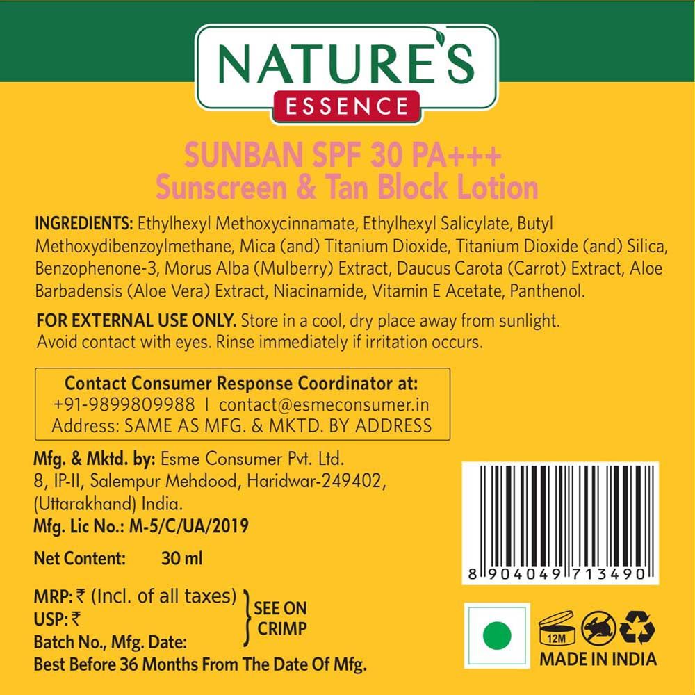 Nature's Essence Sunban SPF 30 PA+++ Sunscreen & Tan Block Lotion, 30ml Buy at Indicrest Image 7