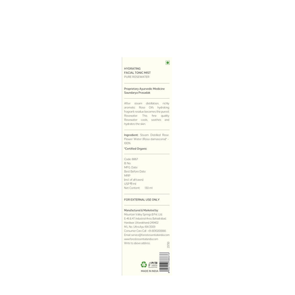 Forest Essentials Facial Tonic Mist with Pure Rosewater - Toner - Hydrates & Minimises Pores, 130ml