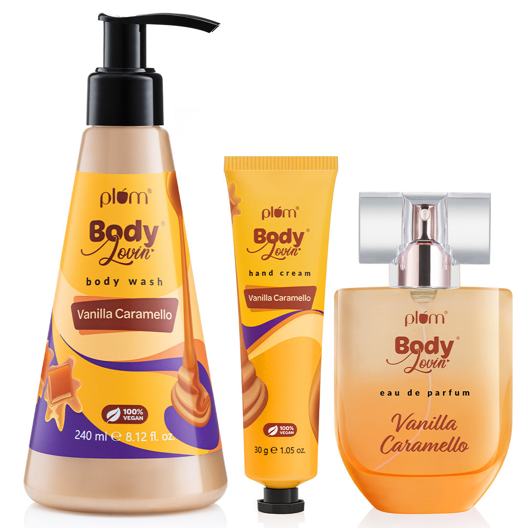 Plum Caramel Lovin’ Bath & Body Trio by Plum BodyLovin’ | Creamy Non-Drying Body Wash | Long Lasting Perfume | Ultra Moisturizing & Non-Greasy Formula Handcream | Yum Vanilla & Caramel Fragrance