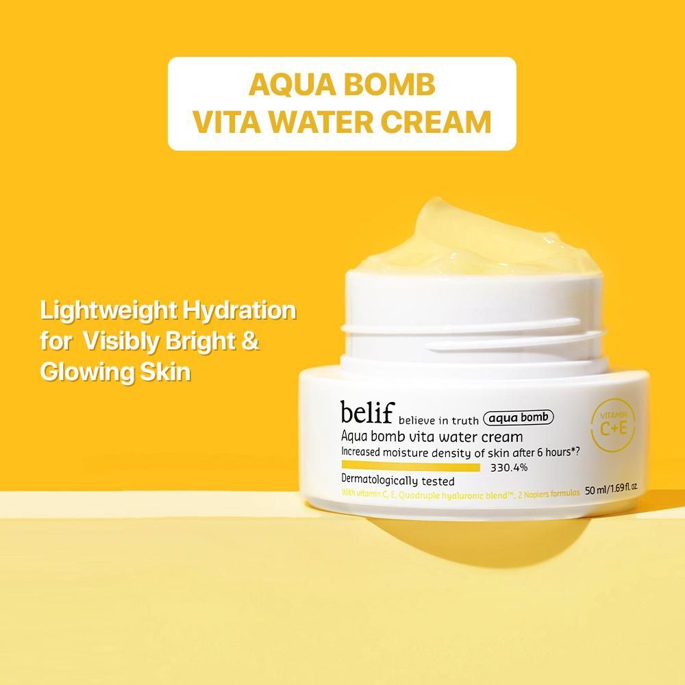 belif Aqua Bomb Vita Water Cream-Brightening Vegan Korean Moisturizer-Vitamin C & Hyaluronic Acid, 50ml