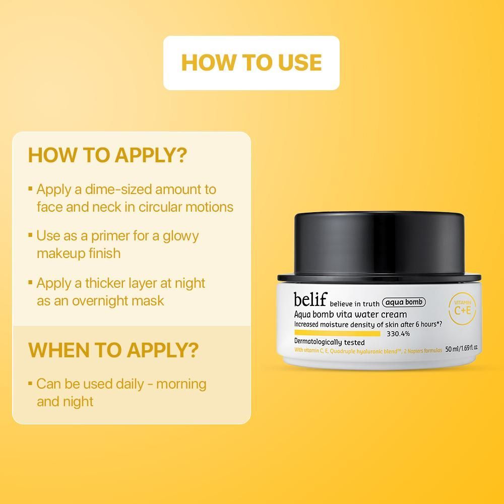 belif Aqua Bomb Vita Water Cream-Brightening Vegan Korean Moisturizer-Vitamin C & Hyaluronic Acid, 50ml