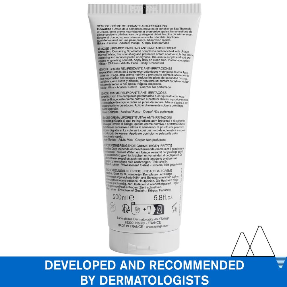 Uriage Xemose Anti-Irritation Body Cream Dry Skin Prone to Atopic Eczema Dermatologist Recommended, 200ml