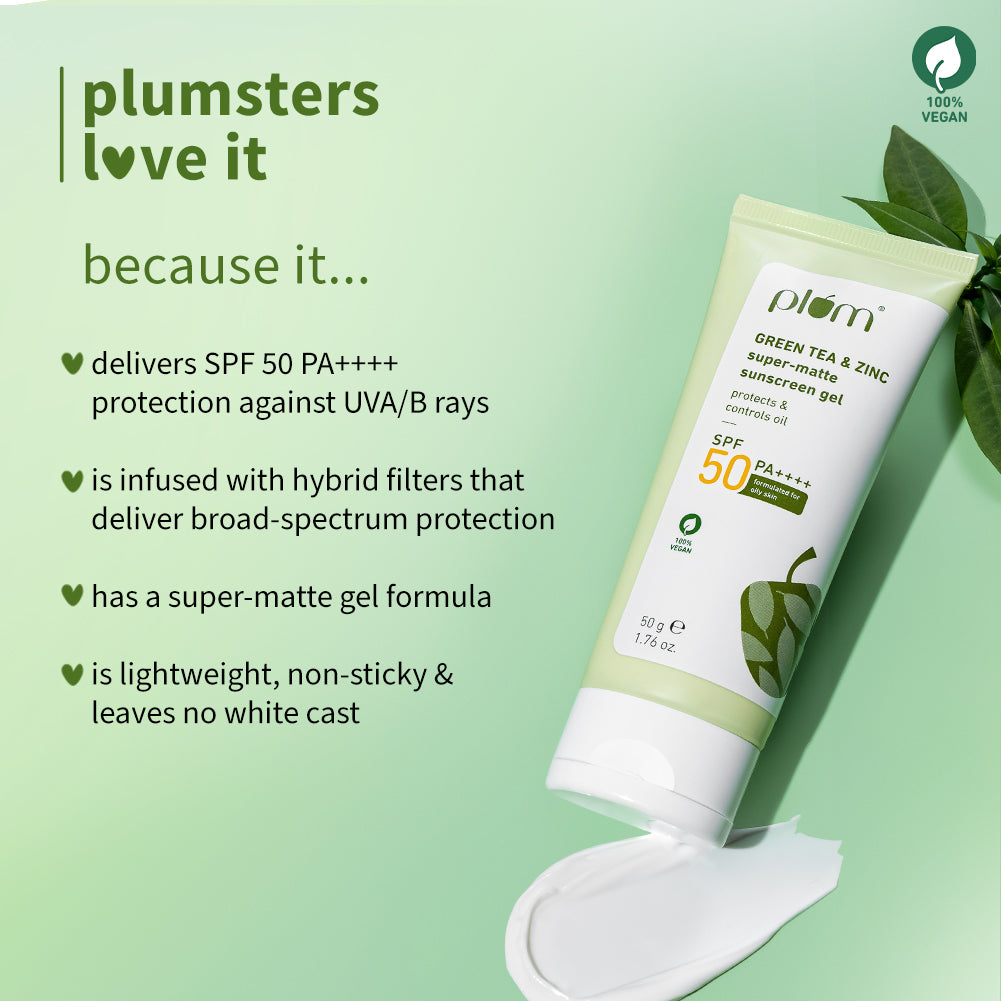 Plum Green Tea & Zinc Super-Matte SPF 50 Sunscreen Gel for Oily Skin | Instant Oil Reduction| 120-Min Water Resistant | Dermat-Tested | No White Cast, 50g