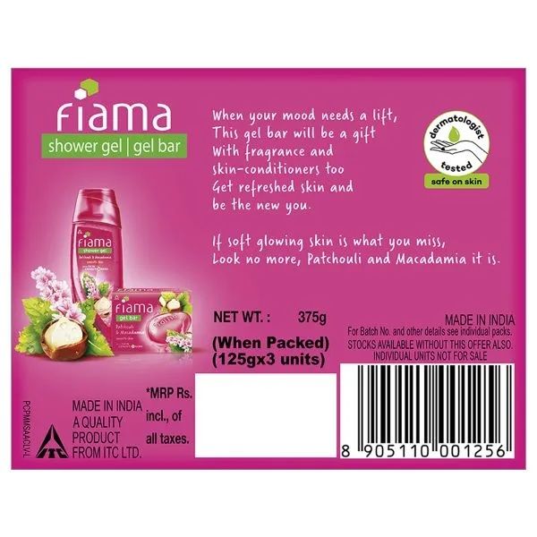 Fiama Patchouli & Macadamia Gel Bar, Soft Glowing Skin, Skin Friendly PH (Pack of 3), 3x125g Each Buy at Indicrest Image 3