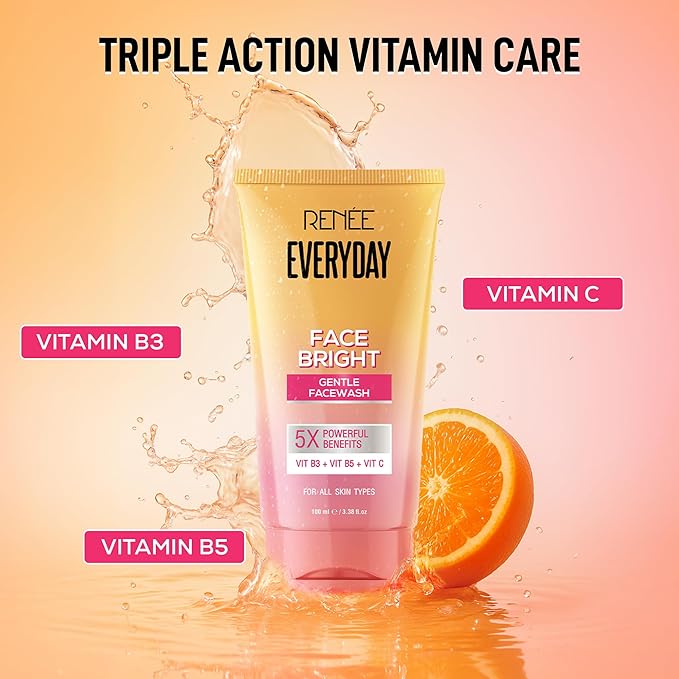 Tube of 'Everyday Face Bright' face wash with vitamins B3, B5, and C on a colorful background