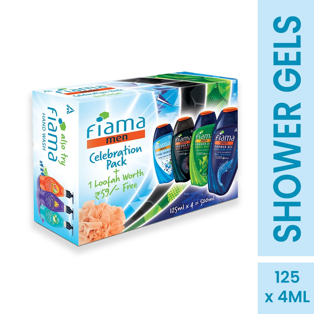 Fiama Men Celebration Pack with 4 Unique Shower Gels + 1 Free Loofah for Refreshed Skin, 500ml Buy at Indicrest