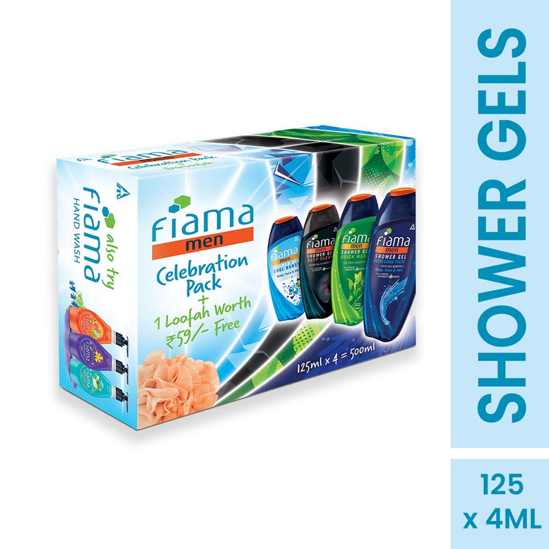 Fiama Men Celebration Pack with 4 Unique Shower Gels + 1 Free Loofah for Refreshed Skin, 500ml Buy at Indicrest