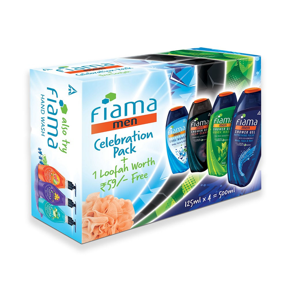 Fiama Men Celebration Pack with 4 Unique Shower Gels + 1 Free Loofah for Refreshed Skin, 500ml Buy at Indicrest Image 2