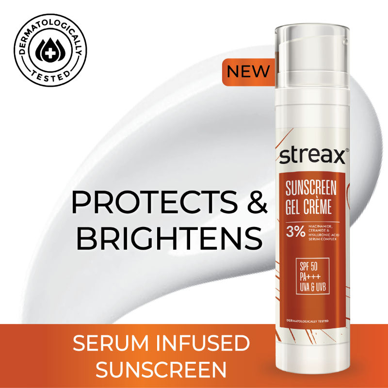 Streax Sunscreen Gel Crème SPF 50 Pa+++, 50G, Hydrating & Brightening, Non-Oily & No White Cast, 50ml Buy at Indicrest