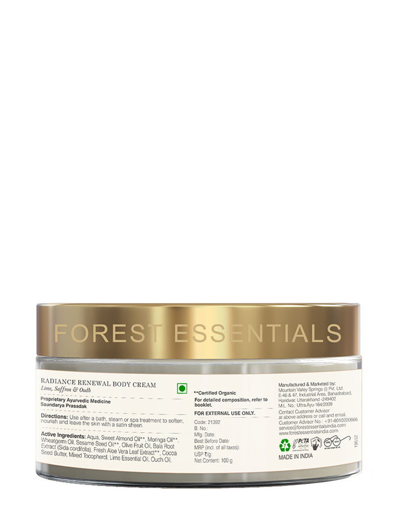 Forest Essentials Radiance Renewal Lime Saffron & Oudh Ayurvedic Body Cream, 100g