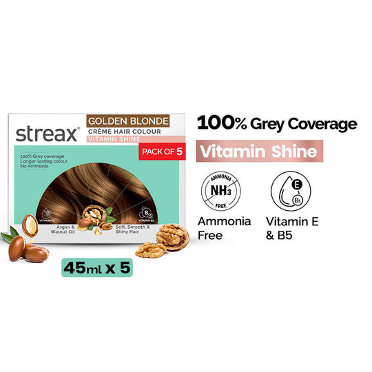 Streax Cream Hair Colour With 100% Grey Coverage & No Ammonia (Pack of 5) - 7.3 Golden Blonde, 225ml Buy at Indicrest