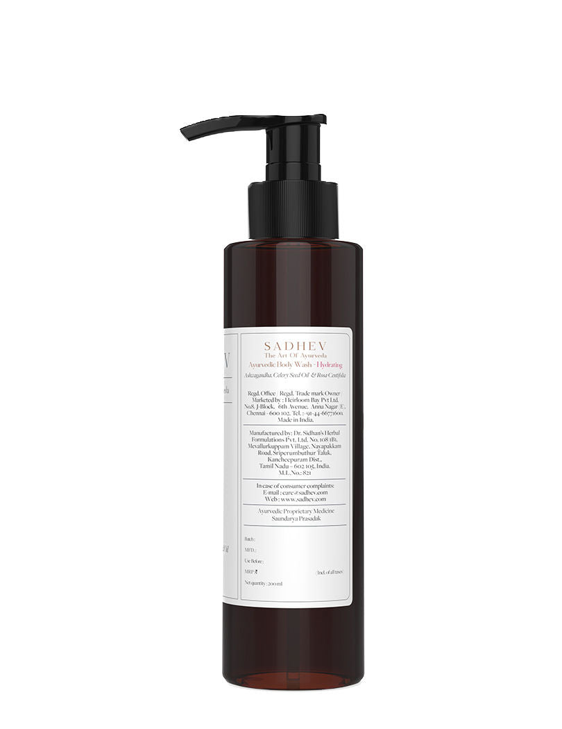 SADHEV Ayurvedic Ashwagandha, Celery Seed Oil & Rosa Centifolia Hydrating Body Wash, 200ml