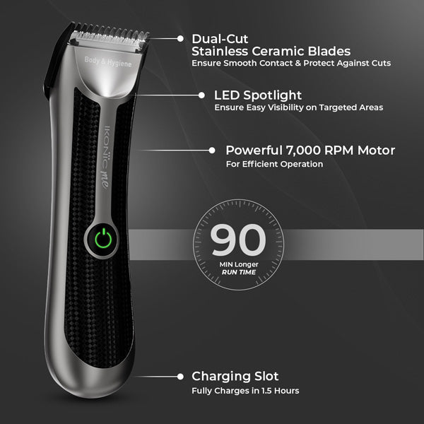 Ikonic Me Body & Hygiene Trimmer – Precision Grooming for Body & Intimate Areas | LED Spotlight | 90-Min Runtime | Powerful 7,000 RPM Motor | Water-Resistant (IPX6) | Stainless Ceramic Blades | Charging Dock Included