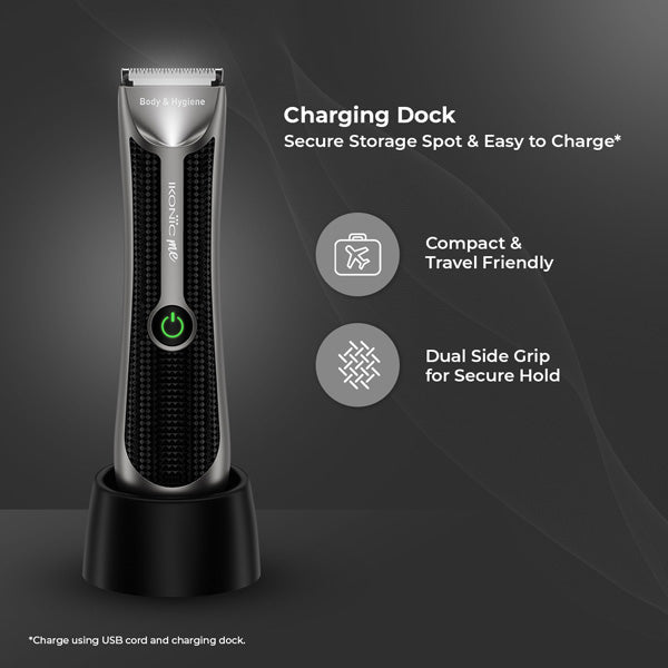 Ikonic Me Body & Hygiene Trimmer – Precision Grooming for Body & Intimate Areas | LED Spotlight | 90-Min Runtime | Powerful 7,000 RPM Motor | Water-Resistant (IPX6) | Stainless Ceramic Blades | Charging Dock Included