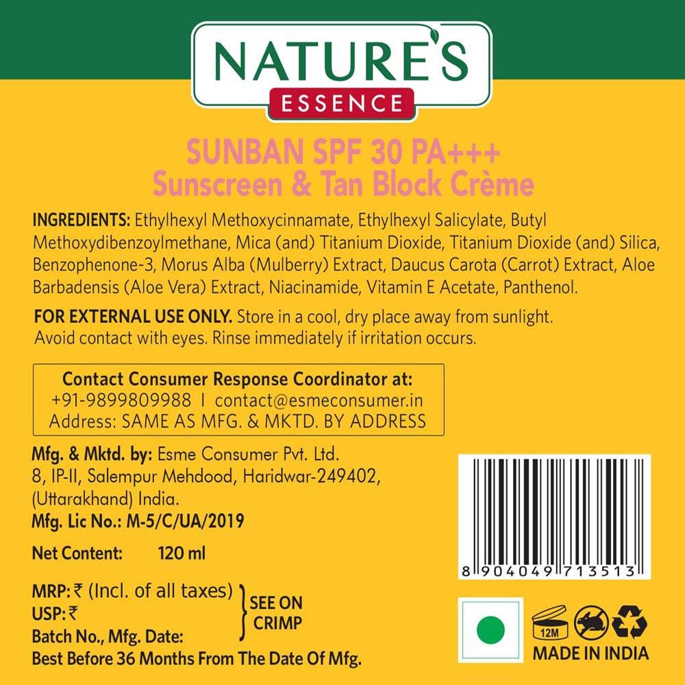 Nature's Essence Sunban SPF 30 PA+++ Sunscreen & Tan Block Creme, 120ml Buy at Indicrest Image 7