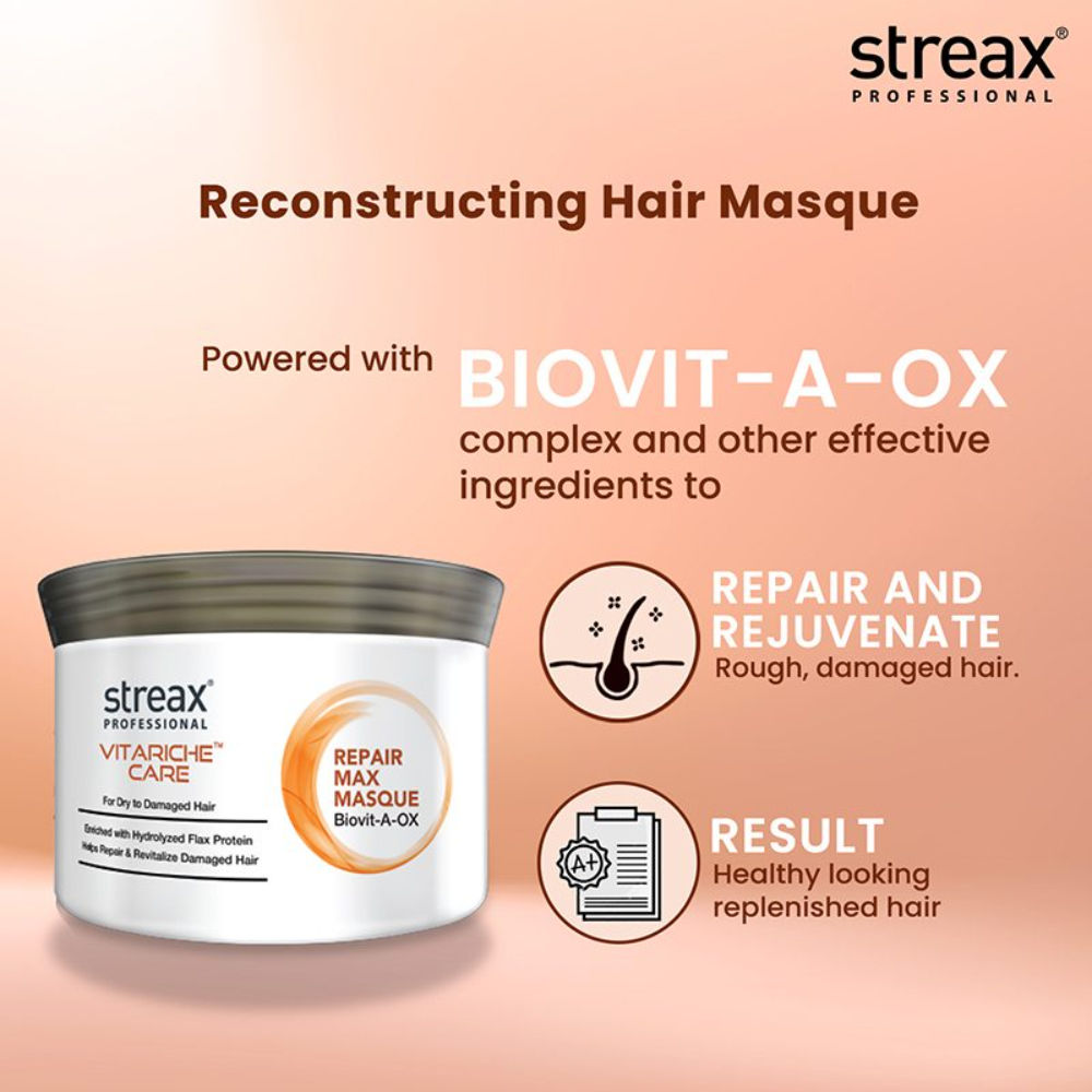 Streax Professional Vitariche Care Repair Max Hair Masque Biovit-A-OX For Healthy Hair, 200g Buy at Indicrest Image 9