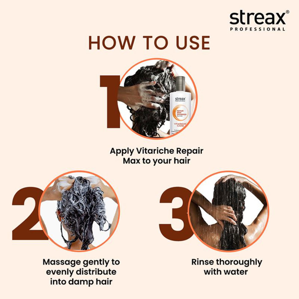 Streax Professional Vitariche Care Repair Max Shampoo For Dry, Damaged Hair, 1500ml Buy at Indicrest Image 5