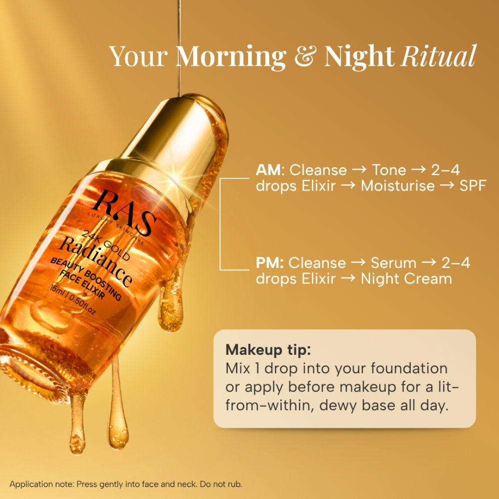 RAS Luxury Oils RAS Luxury Oils 24K Gold Radiance Beauty Boosting Face Elixir Serum For Glowing Skin, 6ml