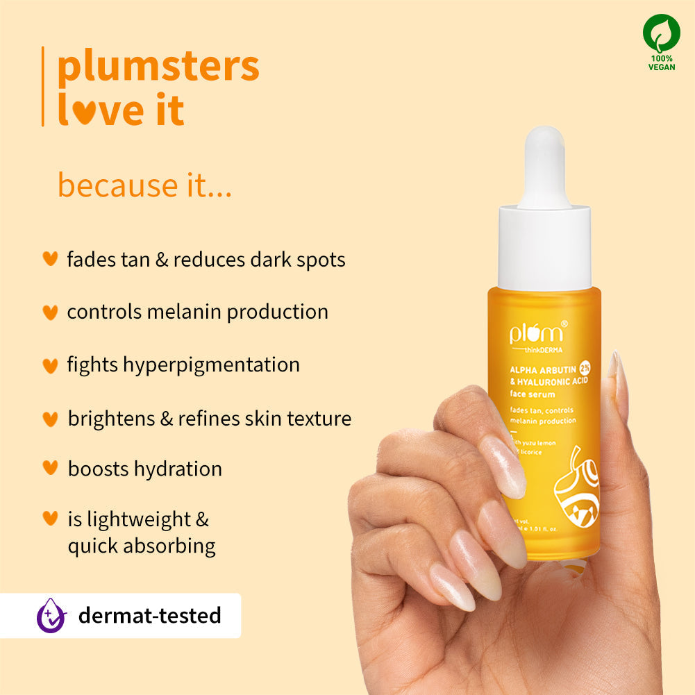Plum 2% Alpha Arbutin & Hyaluronic Acid Tan Fading Face Serum | Reduces Tan In 14 Days |Suitable For Sensitive Skin | Dermat-Tested, 30ml