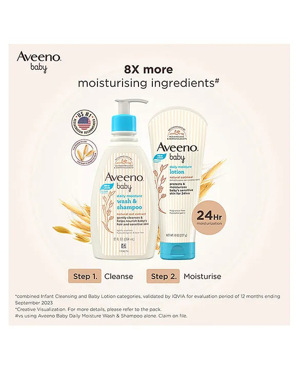 Aveeno baby products with text highlighting moisturizing ingredients on a light pink background