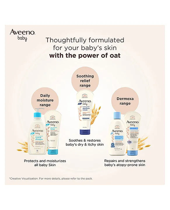 Aveeno baby products with text on a light pink background