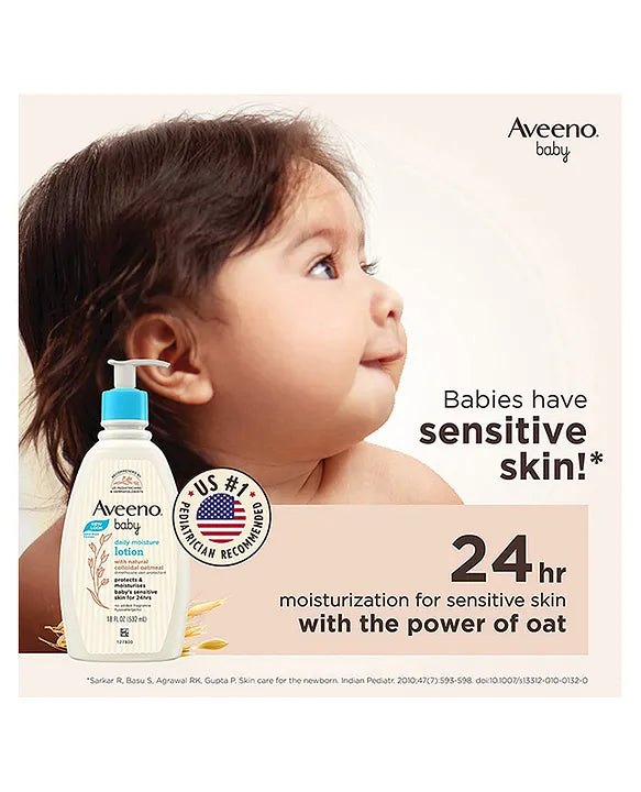 Aveeno baby lotion bottle with a child and product description on a beige background