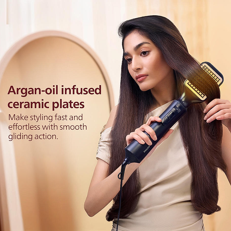 Philips 2 in 1 Airstyler | Volumizer + Blow Dryer Brush + Multi-Styler | 3X Volume & 50% Less Hair Breakage | 2 attachments for Straight and Wavy Looks | Argan Oil Infused plates & 4X more Ionic Care for Shinier, Frizz Free Hair | BHA531/10