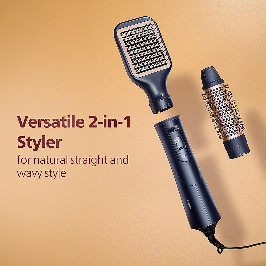 Philips 2 in 1 Airstyler | Volumizer + Blow Dryer Brush + Multi-Styler | 3X Volume & 50% Less Hair Breakage | 2 attachments for Straight and Wavy Looks | Argan Oil Infused plates & 4X more Ionic Care for Shinier, Frizz Free Hair | BHA531/10