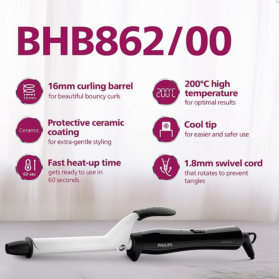 Philips Hair Curler- | 16mm Barrels for Bouncy Curls | 200 Heat Temperature in 60 sec for salon like results | BHB862/00