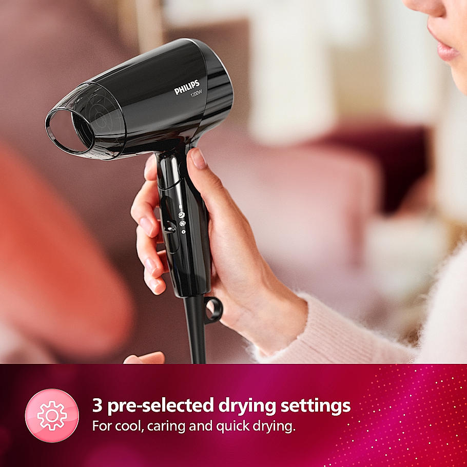 Philips Hair Dryer- Cool Air Setting | Foldable Handle, 3 Flexible Preselected Drying Setting | Compact Design | Travel Friendly | BHC010/10