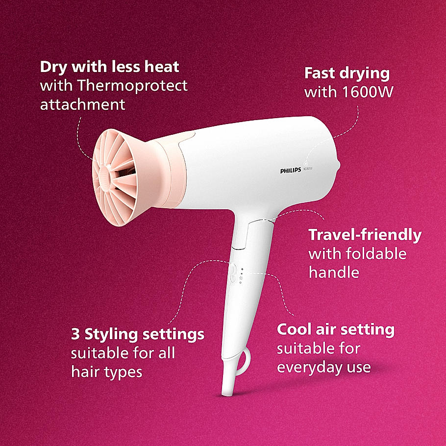 Philips Hair Dryer - | Powerful drying with less heat I 1600 W I Men and Women I Cool Shot | ThermoProtect Care I Travel friendly BHD308/30