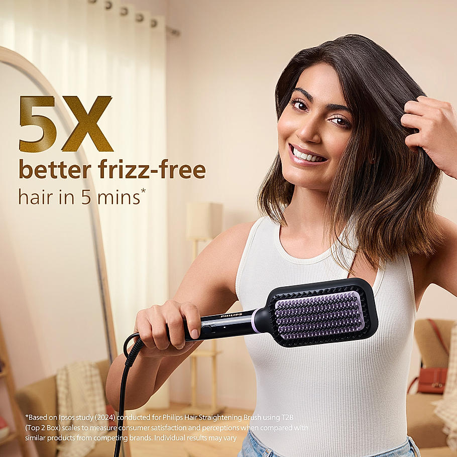 Philips Hair Straightener Brush- | Everyday Styling with Kerashine Care in 5 mins , ThermoProtect Technology I tural Straight, Shiny and Frizz Free Hair , Triple Bristle Design BHH880/10