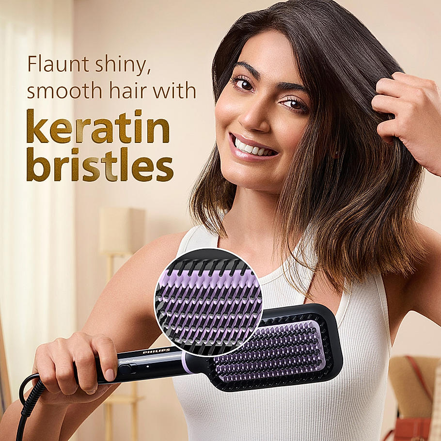 Philips Hair Straightener Brush- | Everyday Styling with Kerashine Care in 5 mins , ThermoProtect Technology I tural Straight, Shiny and Frizz Free Hair , Triple Bristle Design BHH880/10