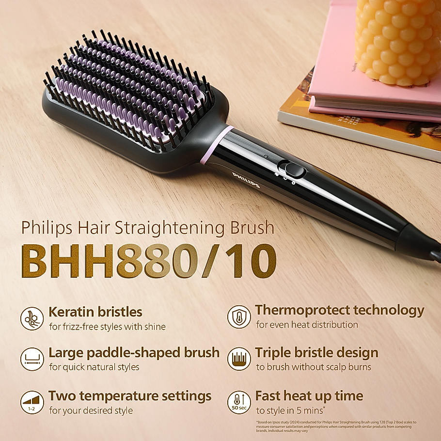 Philips Hair Straightener Brush- | Everyday Styling with Kerashine Care in 5 mins , ThermoProtect Technology I tural Straight, Shiny and Frizz Free Hair , Triple Bristle Design BHH880/10