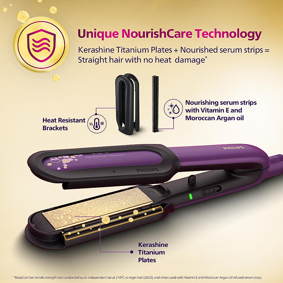 Philips NourishCare- India's First Hair Straightener designed for No Heat Damage I Uniquely designed NourishCare & Kerashine Technology for Styling with heat protection , Moisture Lock for Nourished Hair , Detachable Serum strips & Brackets , BHS526/