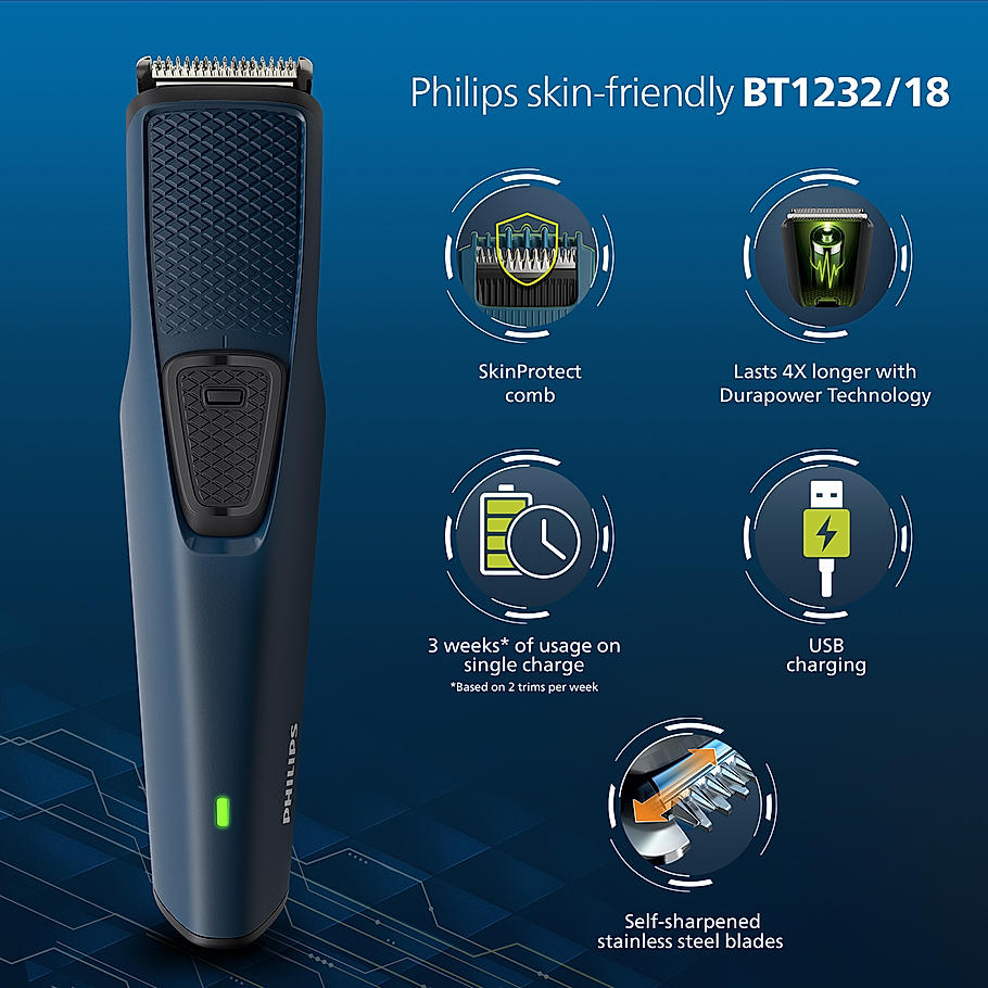 Philips SkinProtect Beard Trimmer - I Lasts 4x Longer with DuraPower Technology | Charging Indicator | BT1233/18