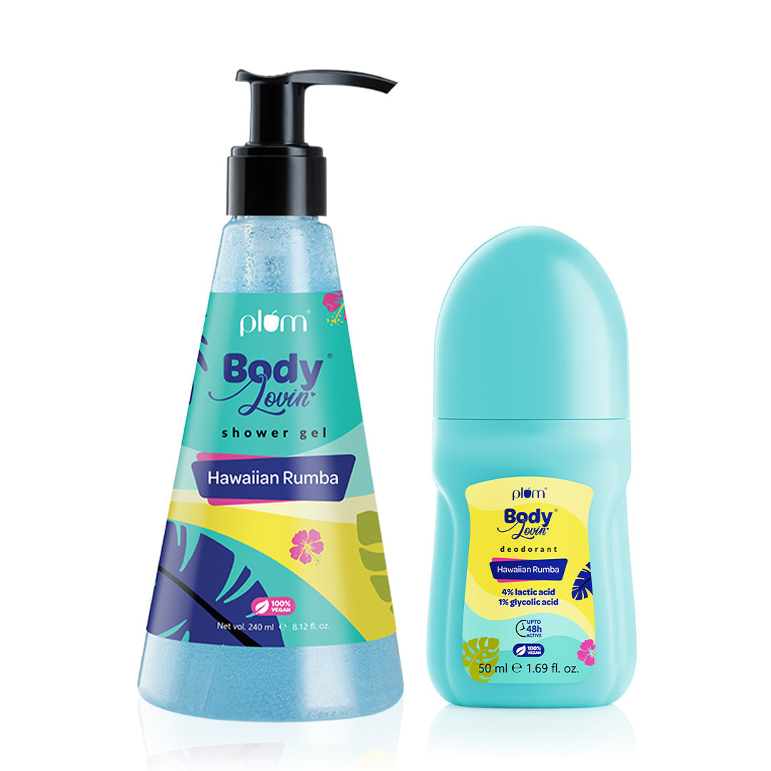 Plum Beachy Fresh Shower Gel & Roll On Duo by Plum BodyLovin' | Hawaiian Rumba Shower Gel | Hawaiian Rumba Roll On | Sls Free | Aloe-Infused Formula | 4% Lactic Acid & 1% Glycolic Acid | Controls Odor & Fades Underarm Darkness | Fresh Beachy Fragrance