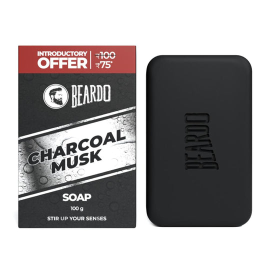 Beardo Activated Charcoal Musk Soap 100g bar with packaging. Buy at Indicrest