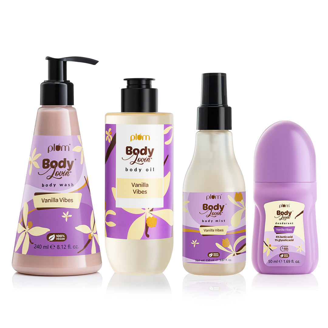 Plum Best of Vanilla Vibes Bath & Body Bundle by Plum BodyLovin' new | Warm Vanilla Fragrance | Vanilla Vibes Body Wash | Vanilla Vibes Body Oil | Vanilla Vibes Deodorant Roll On | Vanilla Vibes Body Mist | Smell Like A Cupcake