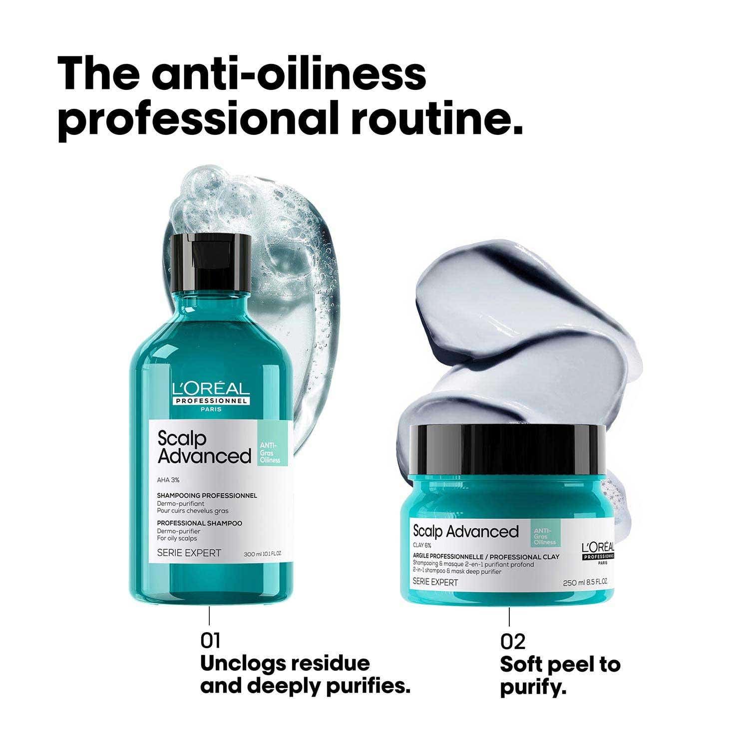 L'Oreal Professionnel Scalp Anti-Oiliness Shampoo, 300ml and 2-in-1 Deep Purifier Clay, 250g Combo