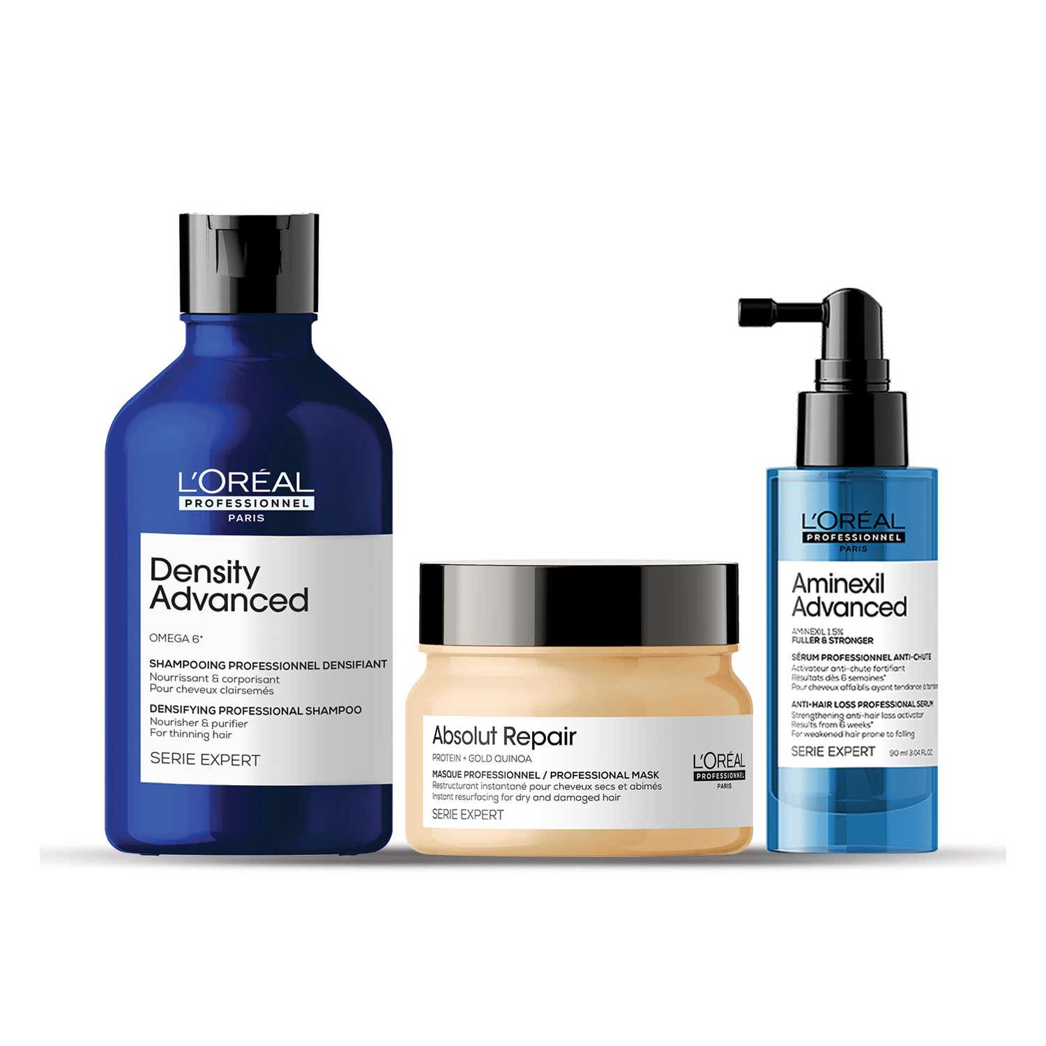 L'Oreal Professionnel Density Advanced Shampoo, Absolut Repair Hair Mask and Aminexil Advanced Serum Combo