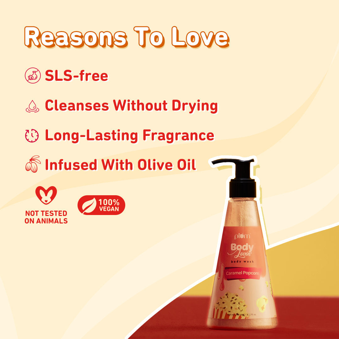 Plum Caramel Popcorn Body Wash by Plum BodyLovin' | SLS-Free | Hydrating Formula | Warm Caramel Fragrance | Aloe-Infused Body Wash, 240ml