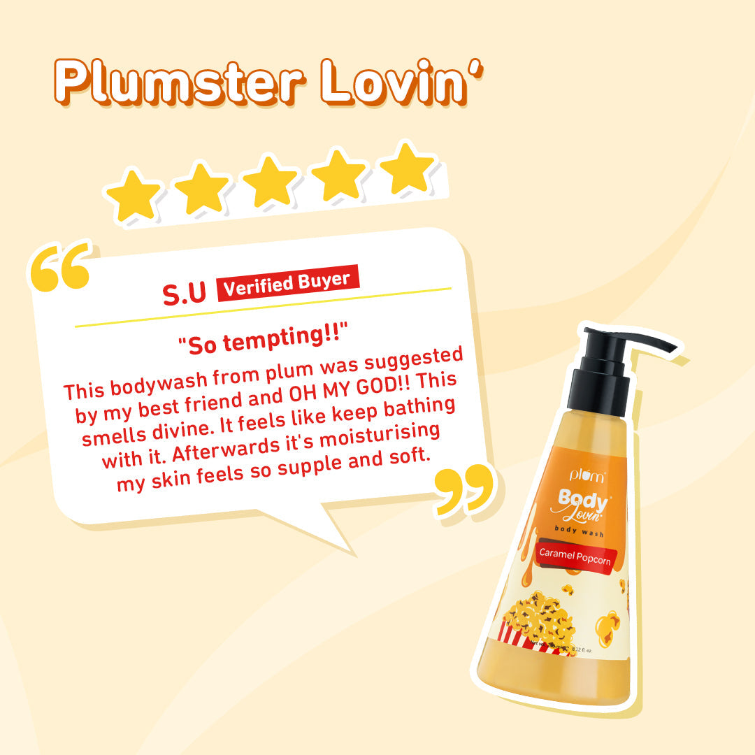 Plum Caramel Popcorn Body Wash by Plum BodyLovin' | SLS-Free | Hydrating Formula | Warm Caramel Fragrance | Aloe-Infused Body Wash, 240ml