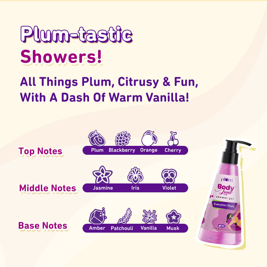 Plum Everythin' Plum Shower Gel by Plum BodyLovin' | SLS-Free | Hydrating Formula | Peppy Fruity Fragrance | Aloe-Infused Body Wash, 240ml