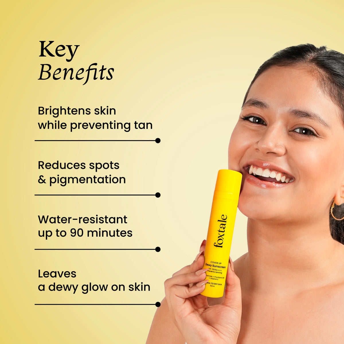 Foxtale SPF 70 Dewy Finish Sunscreen Provides Protection From UV Rays and Enhances Overall Complexion, 50ml