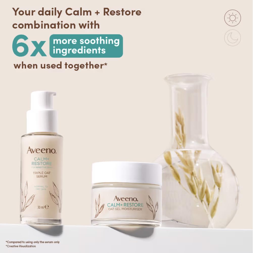 Aveeno Calm + Restore skincare products with text about soothing ingredients on a beige background
