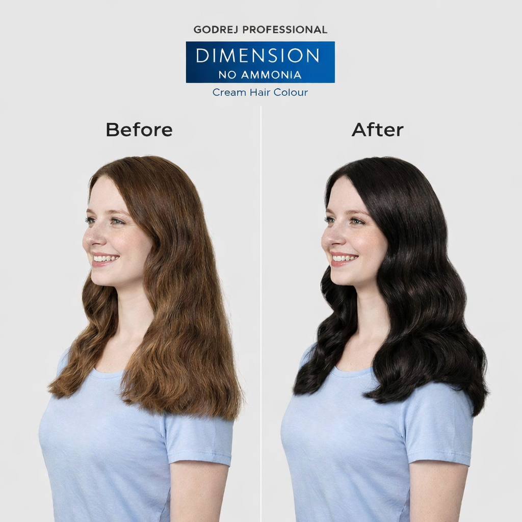 Godrej Professional Dimension No Ammonia Cream Hair Colour 4 - Brown before and after result showing visible hair colour transformation