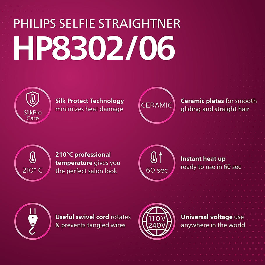 Philips Selfie Hair Straightener- I Minimized Heat Damage with SilkPro Care I Ceramic Coated Plates I HP8302/06